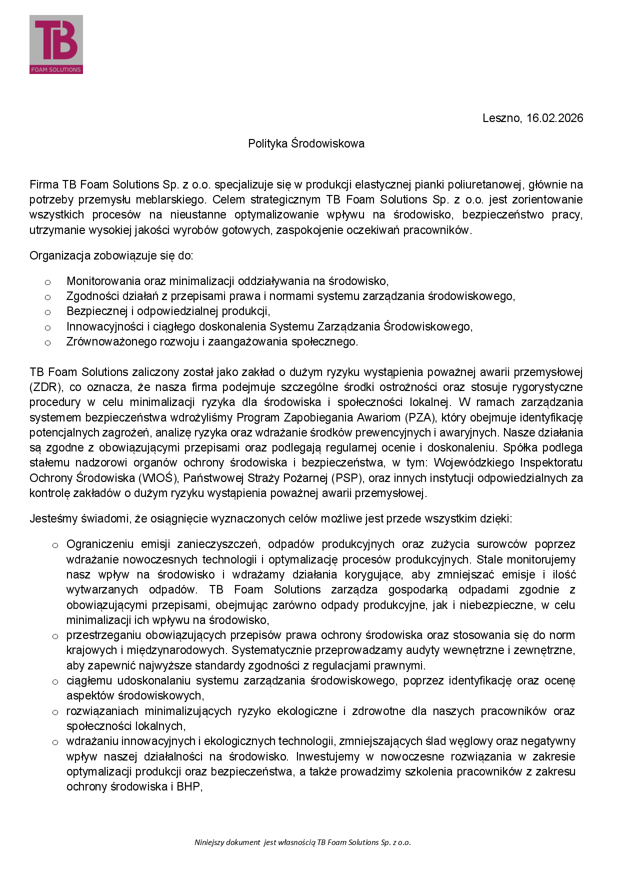 Polityka Środowiskowa firmy